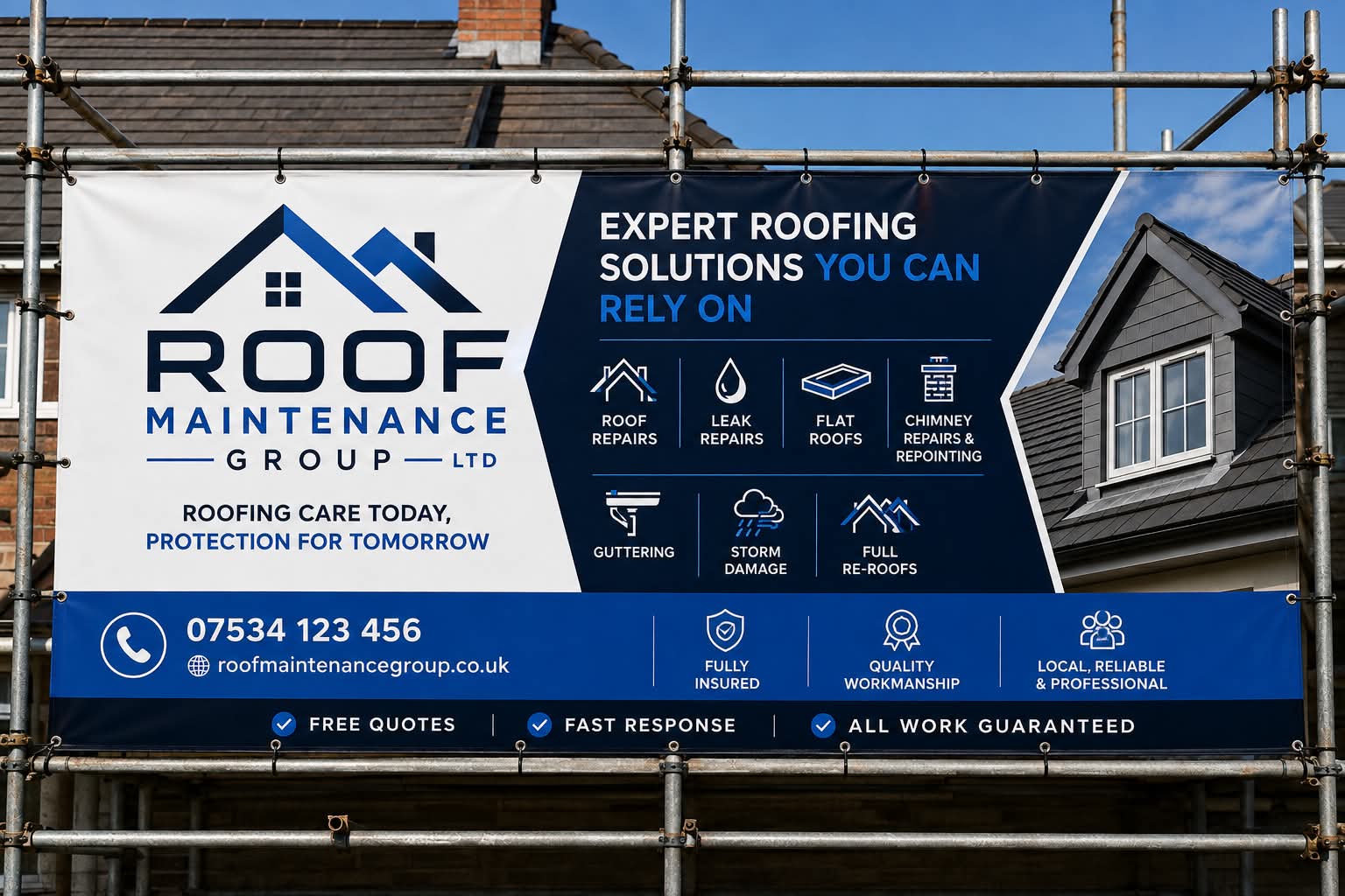 Roof Maintenance Group banner displayed on site scaffolding