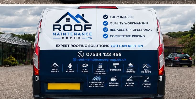 Roof Maintenance Group branded van, rear view